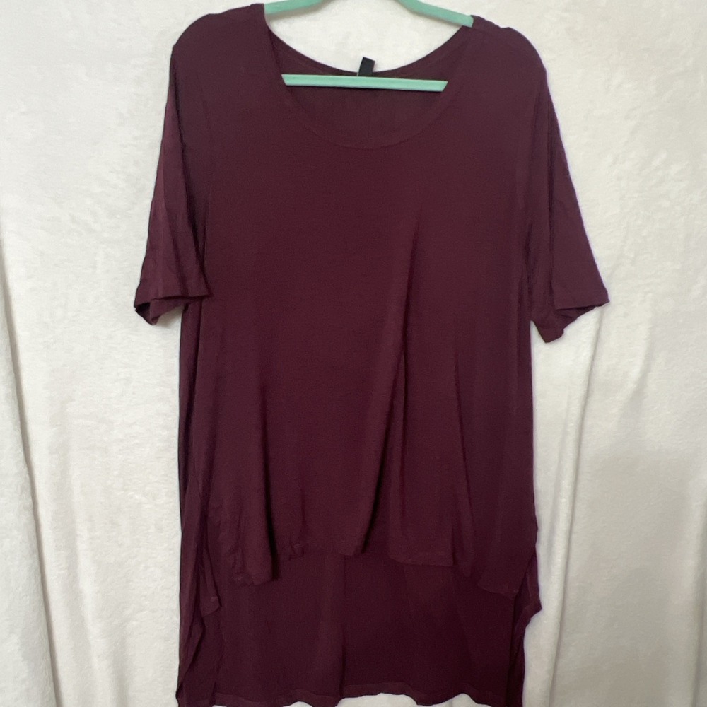Lisa Rinna Collection Stretchy High Low Short Sleeve Top Tunic Maroon Marbled -L